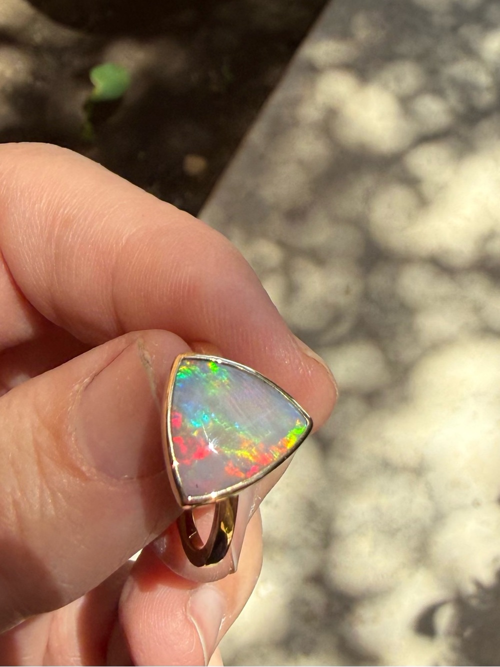 14k Gold Australian Opal Triangle Ring — Multi-Color Opal Accent - Picture 8 of 17